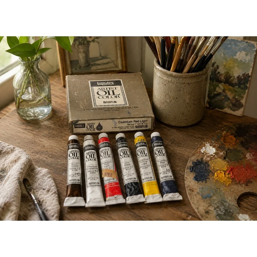 Vintage Liquitex Artist Oil Color Paint Set 6 Tubes Binney & Smith USA w/ Box